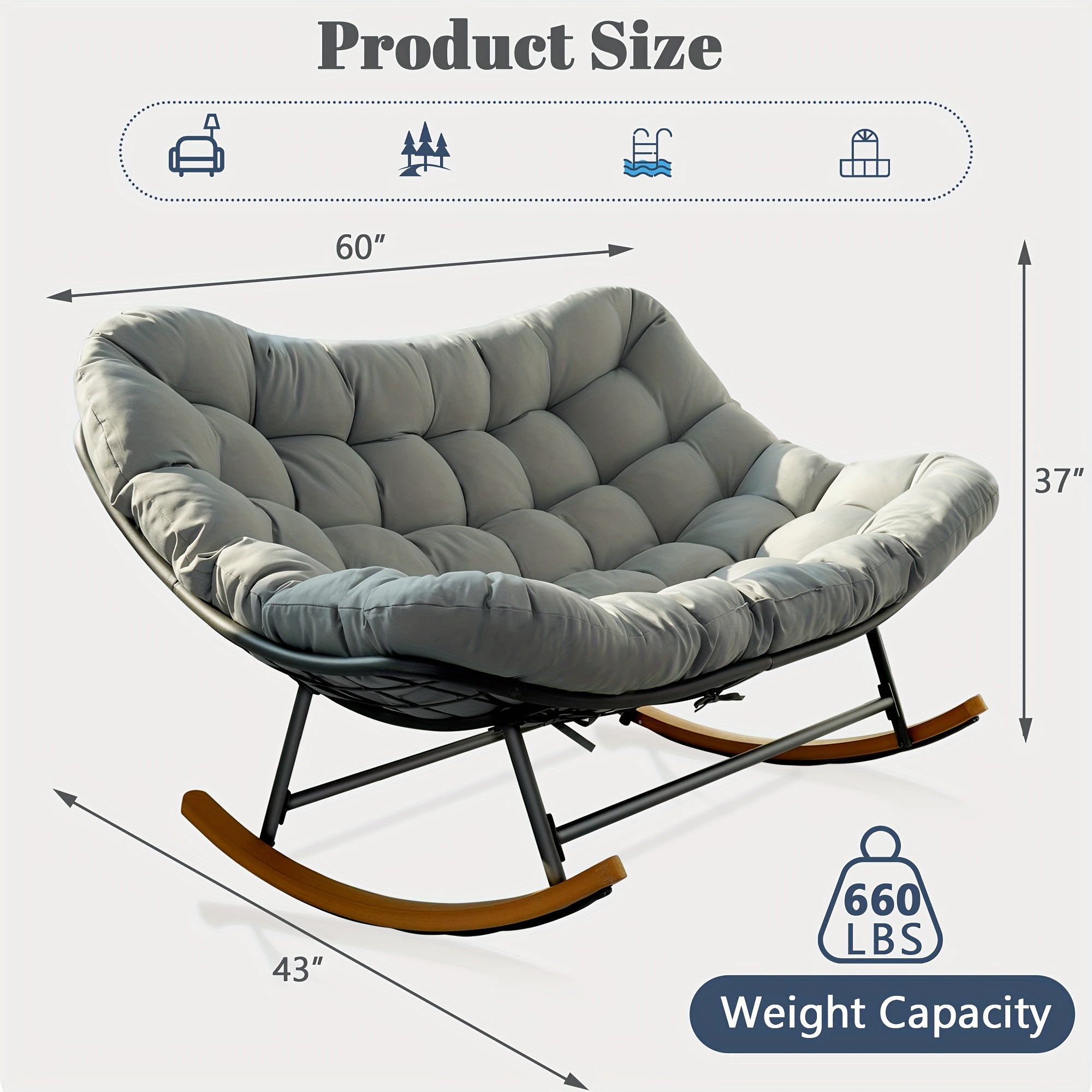 Outdoor Rocking Chair for Two, Featuring an Oversized Papasan Design with a Durable E-Coated Steel Frame And Plush Cushioning