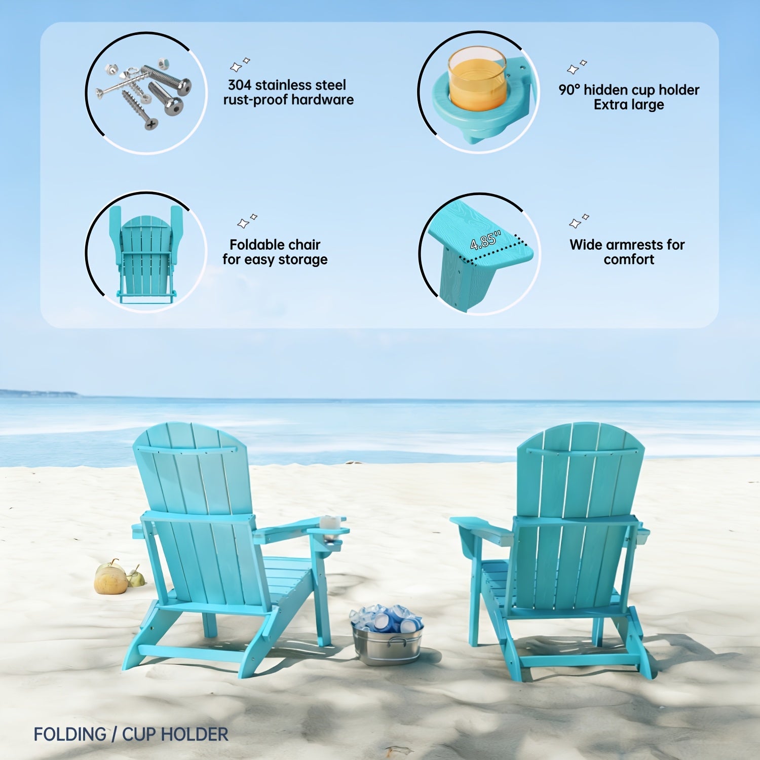 Folding Adirondack Chair 4 Pack, HDPE All-Weather Fire Pit Chairs, Plastic Adirondack Chairs with Cup Holder, Outdoor Lawn Chair for Patio Garden