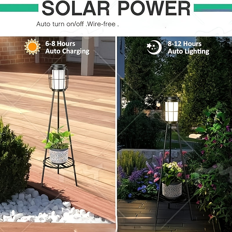 Solar Floor Lamps Outdoor With Metal Plant Stands, 36inch Solar Floor Lights Flower Shelf For Patio Deck Yard Garden, Outdoor Gardens Decor Gifts
