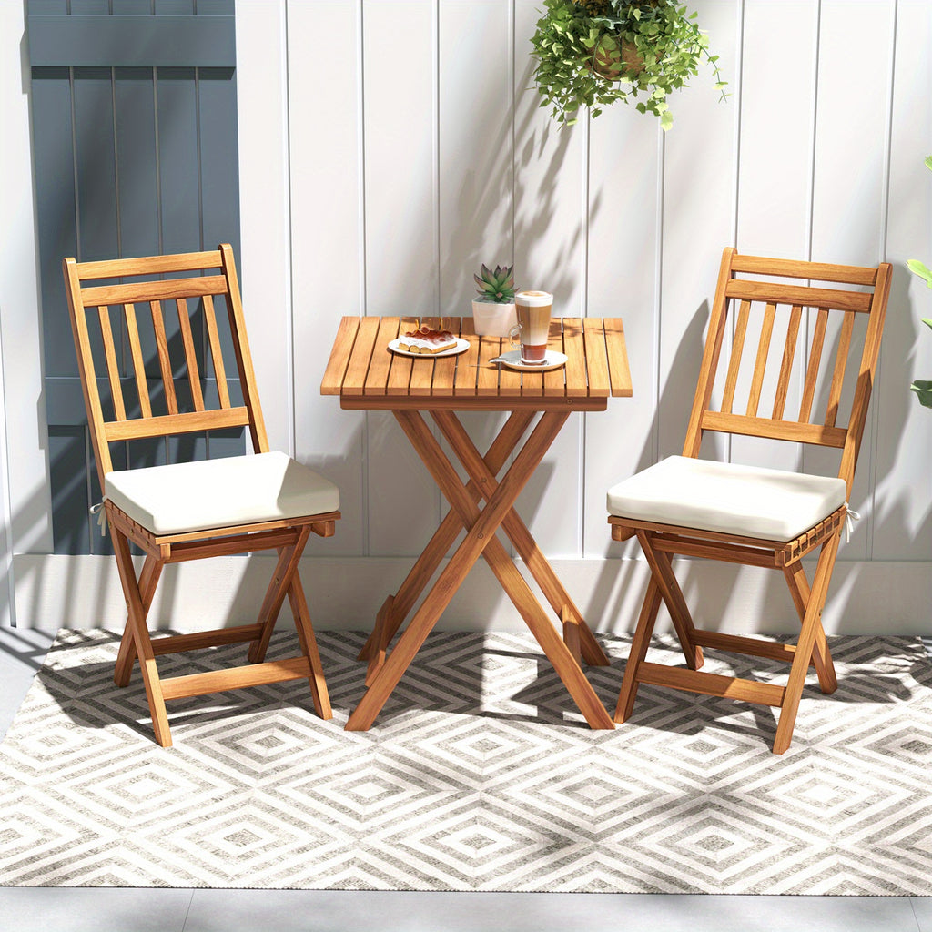 COSTWAY Outdoor Wooden Bistro Set, Folding Chair And Table Set with Comfortable Seat Cushions, Acacia Wood High Back Armless Chairs with Table, Patio Dining Set with Cushions for Backyard And Poolside.