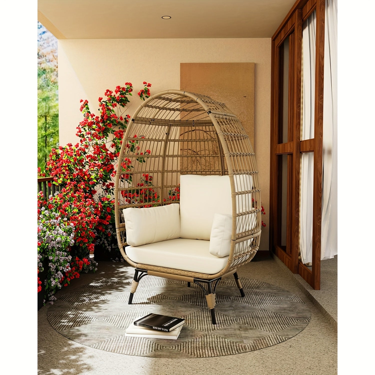 Oversized Rattan Egg Chair Indoor\u002FOutdoor Wicker Egg Basket Lounge Chair Egg Shaped Chair with Steel Frame And 4 Cushions for Patio, Porch, Backyard, Living Room, White\u002FBlack
