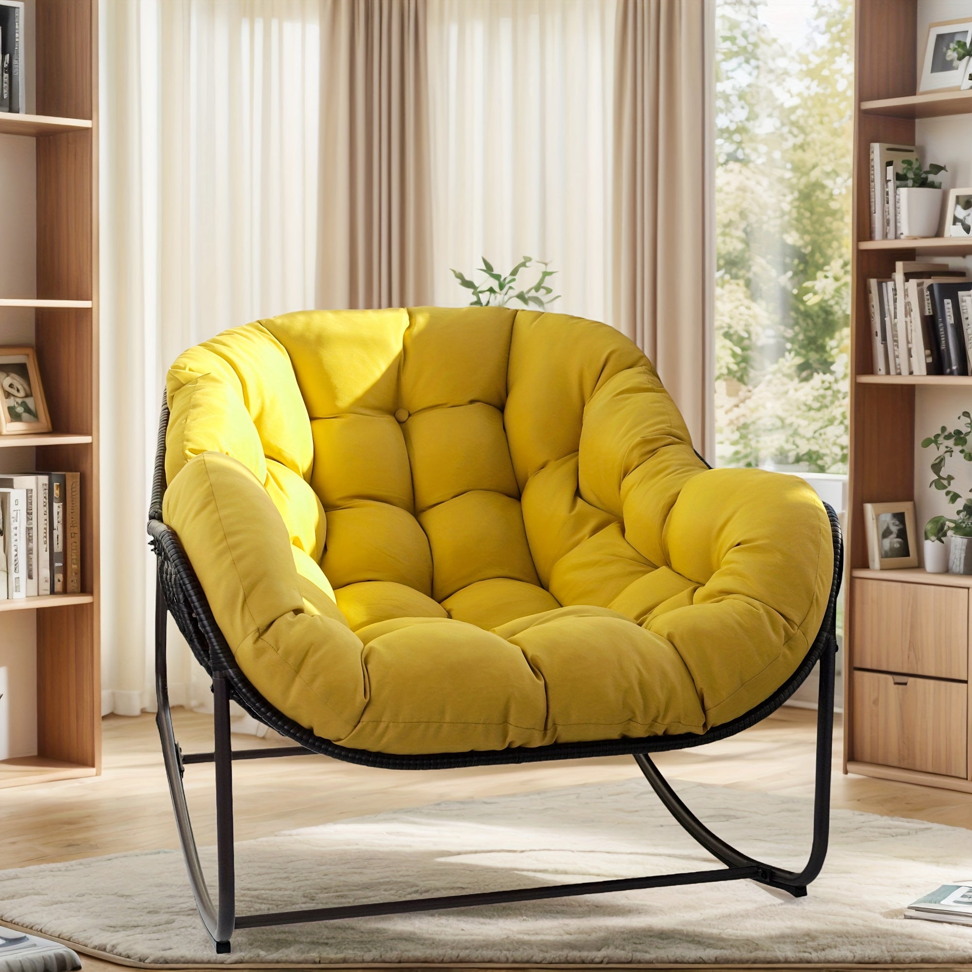 Outdoor Papasan Rocking Chair, Wicker Papasan Patio with Cushion And Pillow, Large Papasan Rocker Egg Chair for Garden And Patio