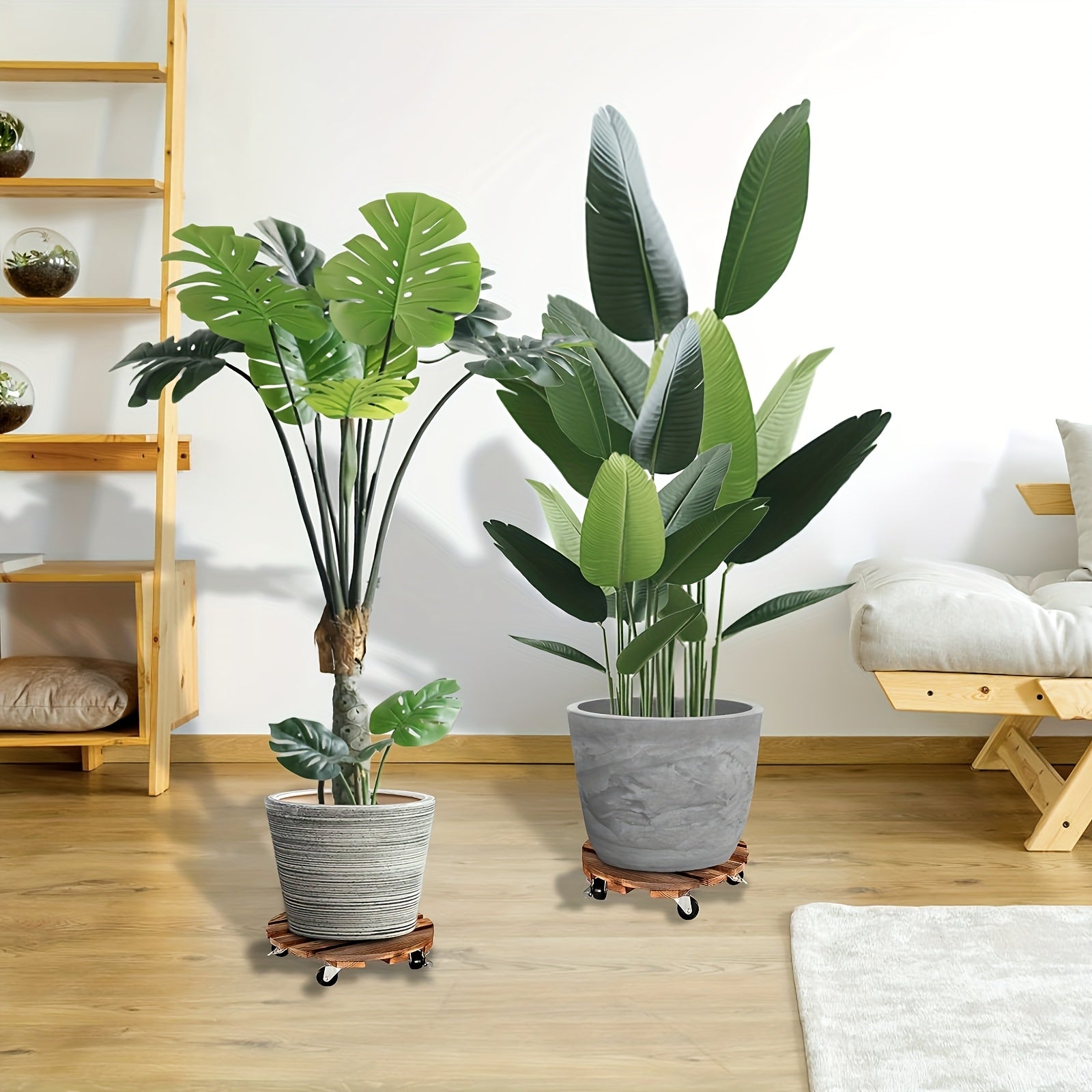 2pcs Wooden Plant Stand with Locking Wheels - Suitable for Indoor\u002FOutdoor Heavy-Duty Rolling Plant Stand, Perfect for Large Potted Plants