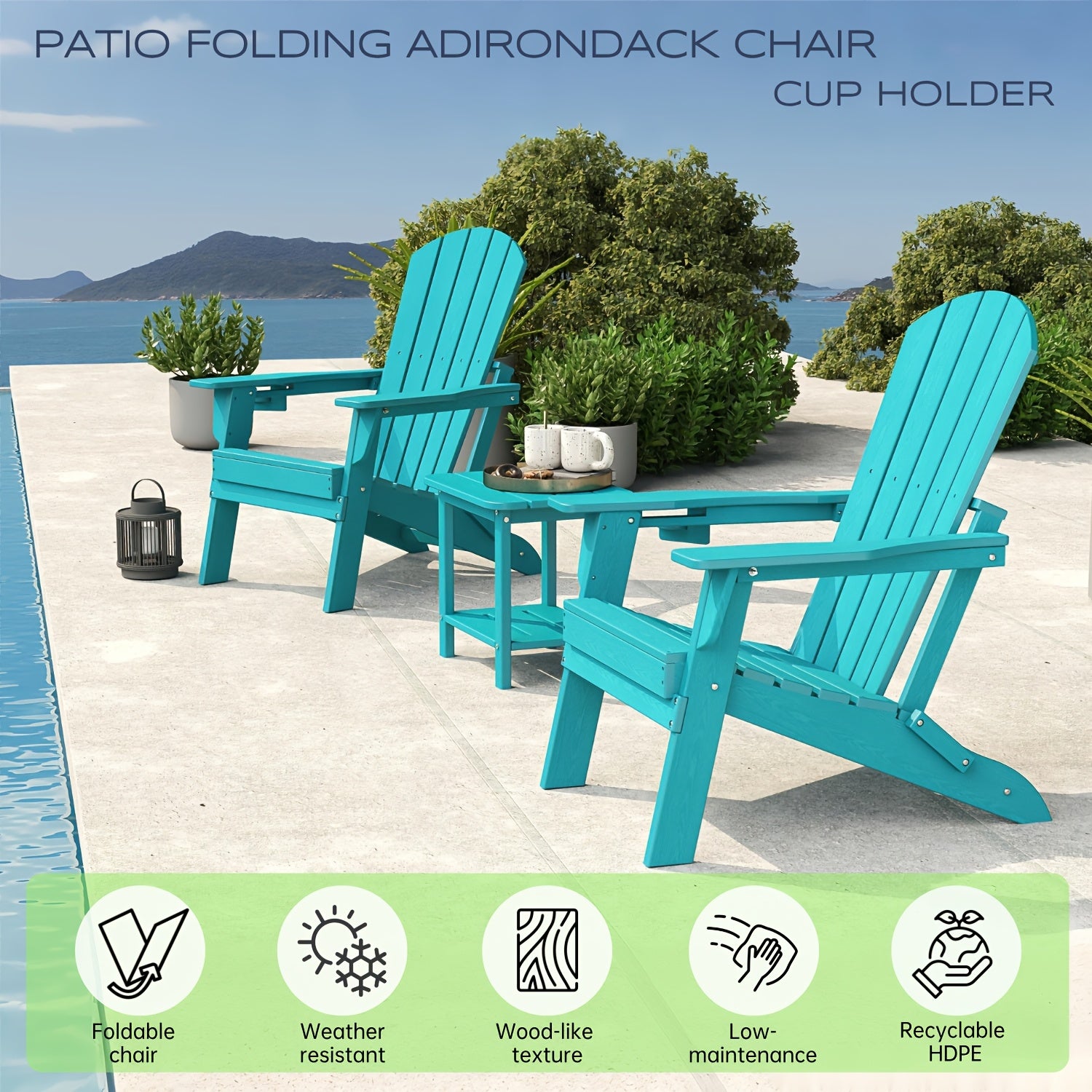Folding Adirondack Chair 4 Pack, HDPE All-Weather Fire Pit Chairs, Plastic Adirondack Chairs with Cup Holder, Outdoor Lawn Chair for Patio Garden
