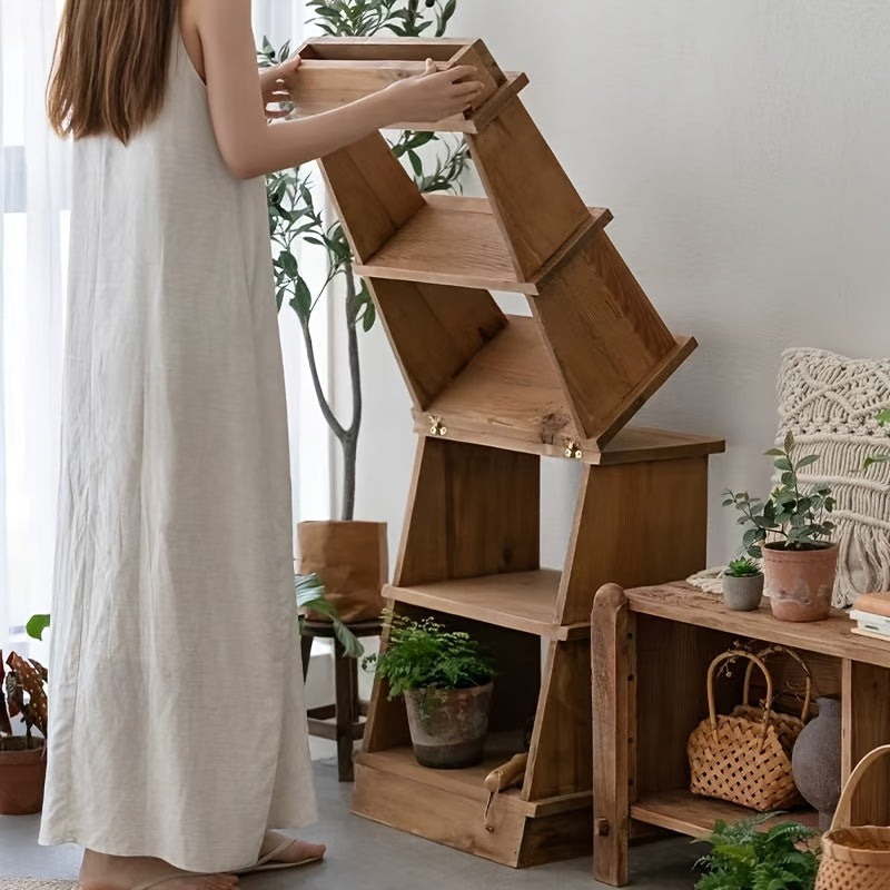 4-Tier Folding Ladder Shelf - Rustic Brown Solid Wood Multi-Purpose Storage Rack, Plant Stand, Bookshelf, And Planter Holder. Ideal For Homes, Bedrooms, Living Rooms, Balconies, And Courtyards. A Versatile Shelving Unit Crafted From Solid Wood.