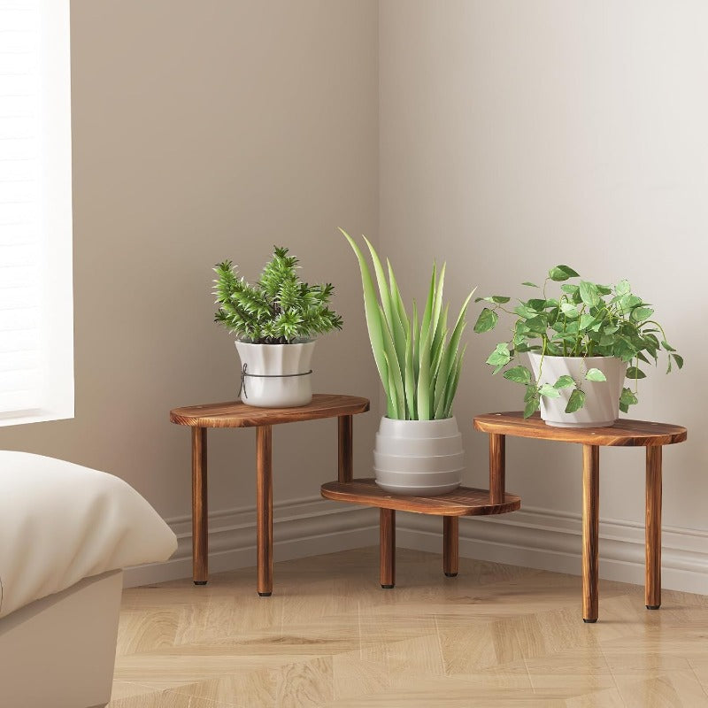 3-Tier Deformable Indoor Plant Stand with Marble-Like Top - Heavy-Duty Sturdy Legs & Space-Saving Oval Design, Modern & Brown Low-Profile Shelf for Multiple Plants, Balcony, Living Room, Office - Space-Saving Vertical Planter Holder for Potted Plant