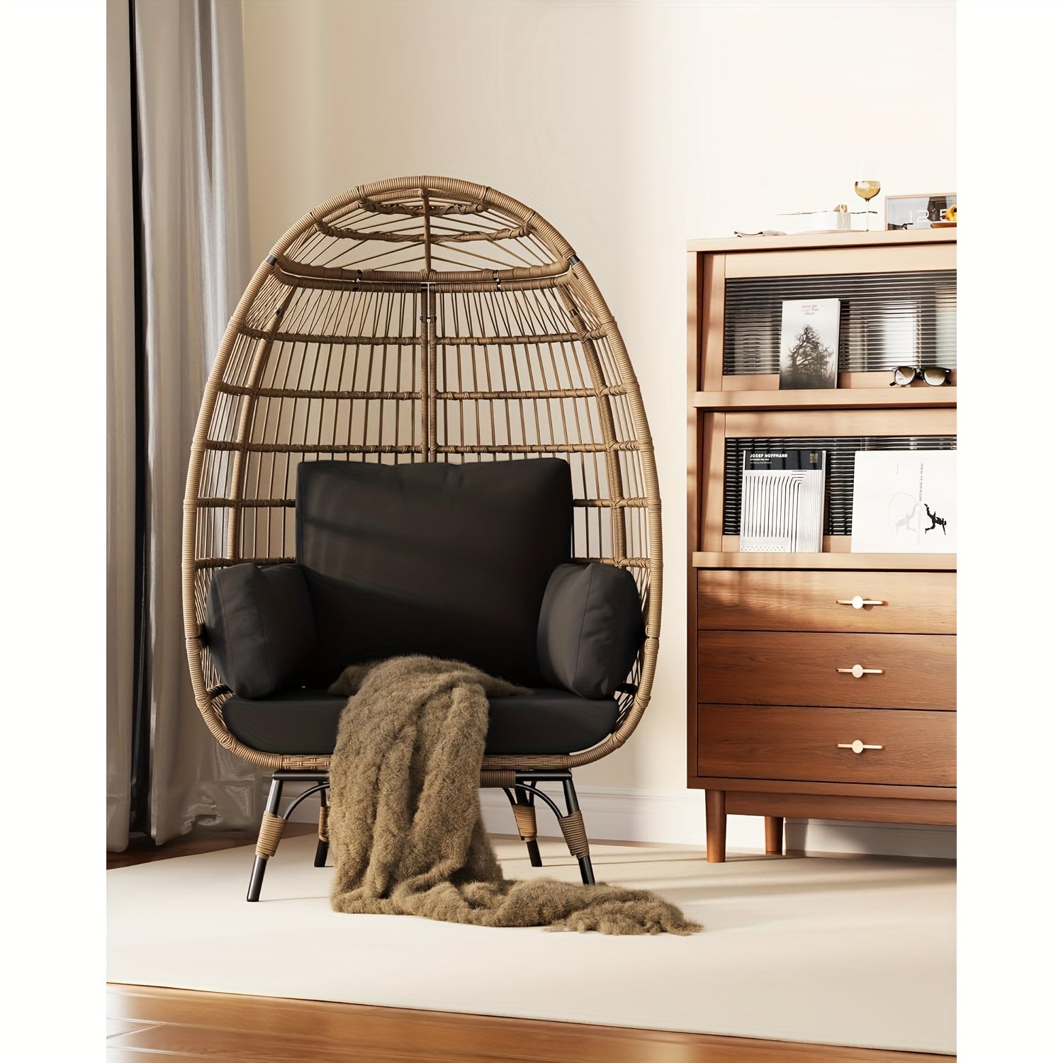 Oversized Rattan Egg Chair Indoor\u002FOutdoor Wicker Egg Basket Lounge Chair Egg Shaped Chair with Steel Frame And 4 Cushions for Patio, Porch, Backyard, Living Room, White\u002FBlack