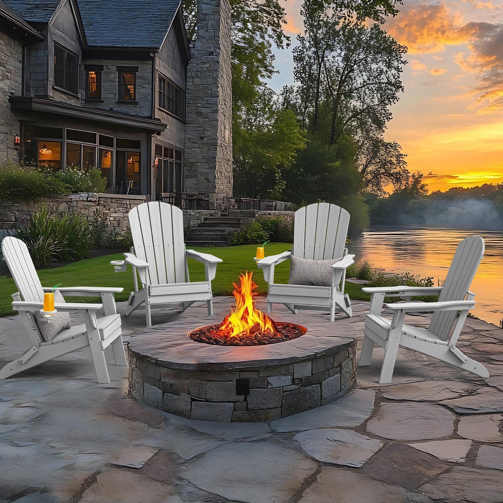 Folding Adirondack Chair 4 Pack, HDPE All-Weather Fire Pit Chairs, Plastic Adirondack Chairs with Cup Holder, Outdoor Lawn Chair for Patio Garden