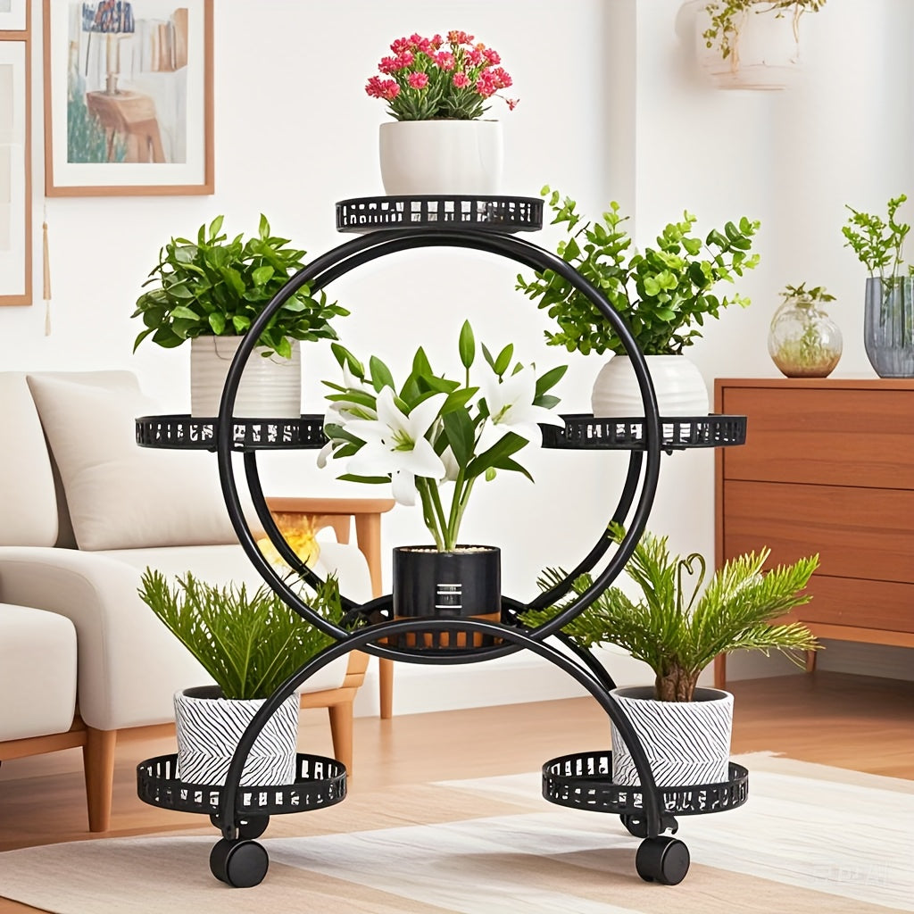 6 Potted Metal Plant Stand Garden Cart Wrought Iron Flower Pots Rack Holder Display Shelf with Wheels for Patio Porch Balcony Decoration Furniture for Home Free Shipping