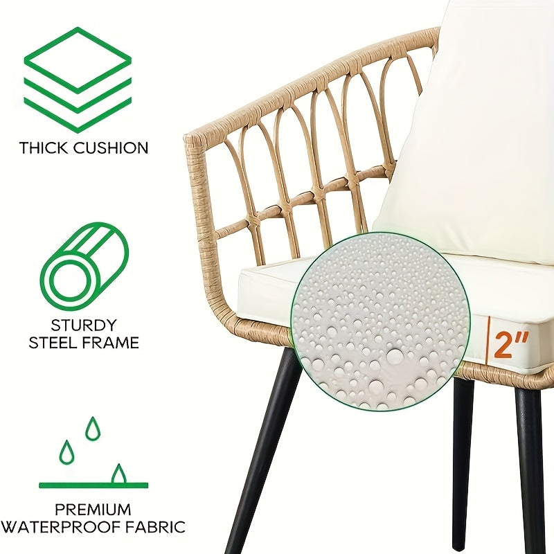 Three-Piece Bistro Furniture Set, Wicker Collection for Outdoor Spaces Like Balconies, Backyards, Pools, Porches, And Decks, Includes Rattan Conversation Table And Cushions in Tan-Beige