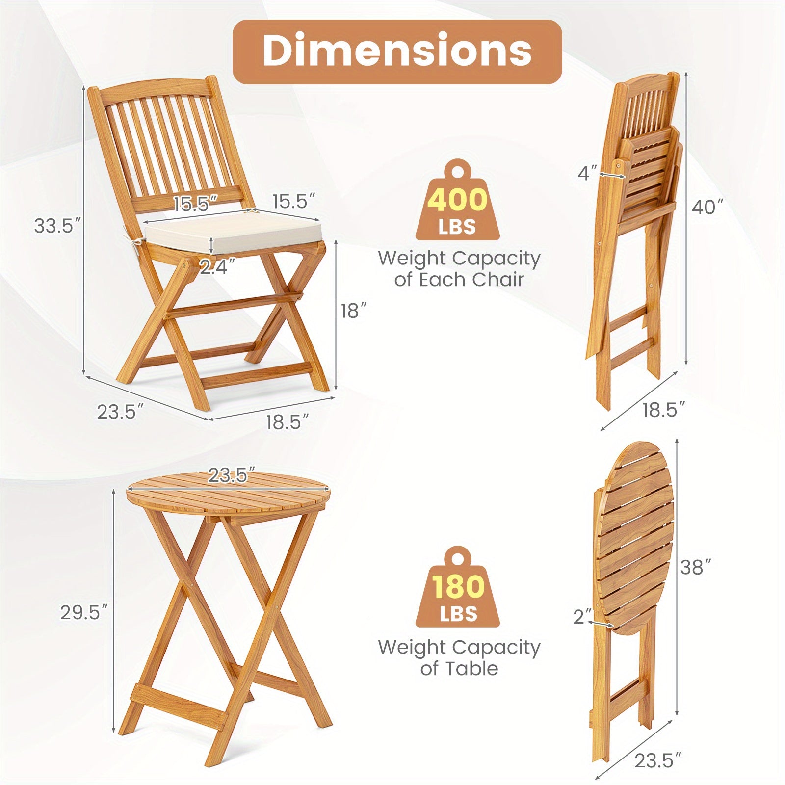LIFEZEAL 3pcs Acacia Wood Patio Folding Bistro Set, Outdoor Table and Chairs Set with Soft Cushions, Patio Furniture Set for Porch, Balcony, Garden, Deck and Backyard.