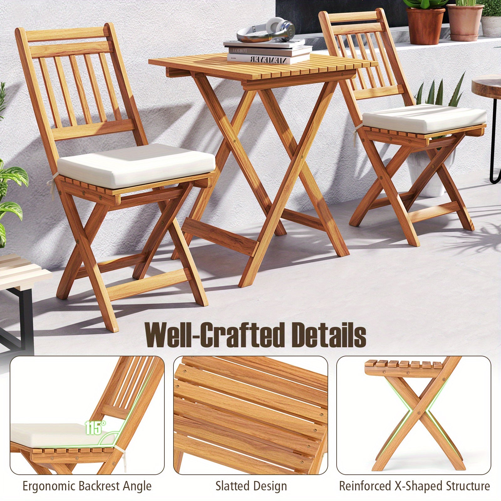 COSTWAY Outdoor Wooden Bistro Set, Folding Chair And Table Set with Comfortable Seat Cushions, Acacia Wood High Back Armless Chairs with Table, Patio Dining Set with Cushions for Backyard And Poolside.