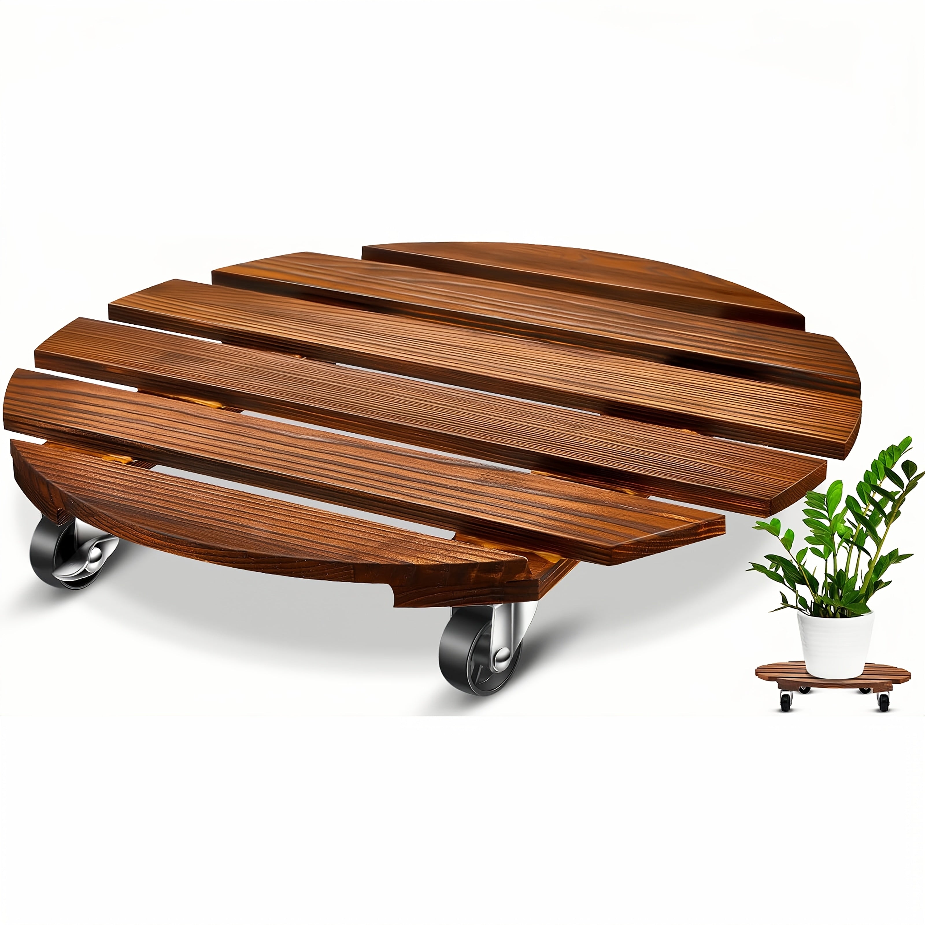 2pcs Wooden Plant Stand with Locking Wheels - Suitable for Indoor\u002FOutdoor Heavy-Duty Rolling Plant Stand, Perfect for Large Potted Plants