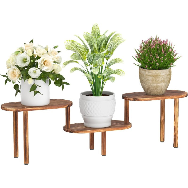3-Tier Deformable Indoor Plant Stand with Marble-Like Top - Heavy-Duty Sturdy Legs & Space-Saving Oval Design, Modern & Brown Low-Profile Shelf for Multiple Plants, Balcony, Living Room, Office - Space-Saving Vertical Planter Holder for Potted Plant