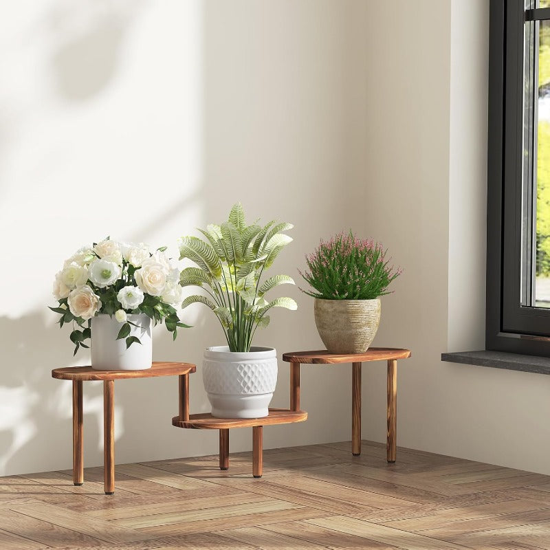 3-Tier Deformable Indoor Plant Stand with Marble-Like Top - Heavy-Duty Sturdy Legs & Space-Saving Oval Design, Modern & Brown Low-Profile Shelf for Multiple Plants, Balcony, Living Room, Office - Space-Saving Vertical Planter Holder for Potted Plant