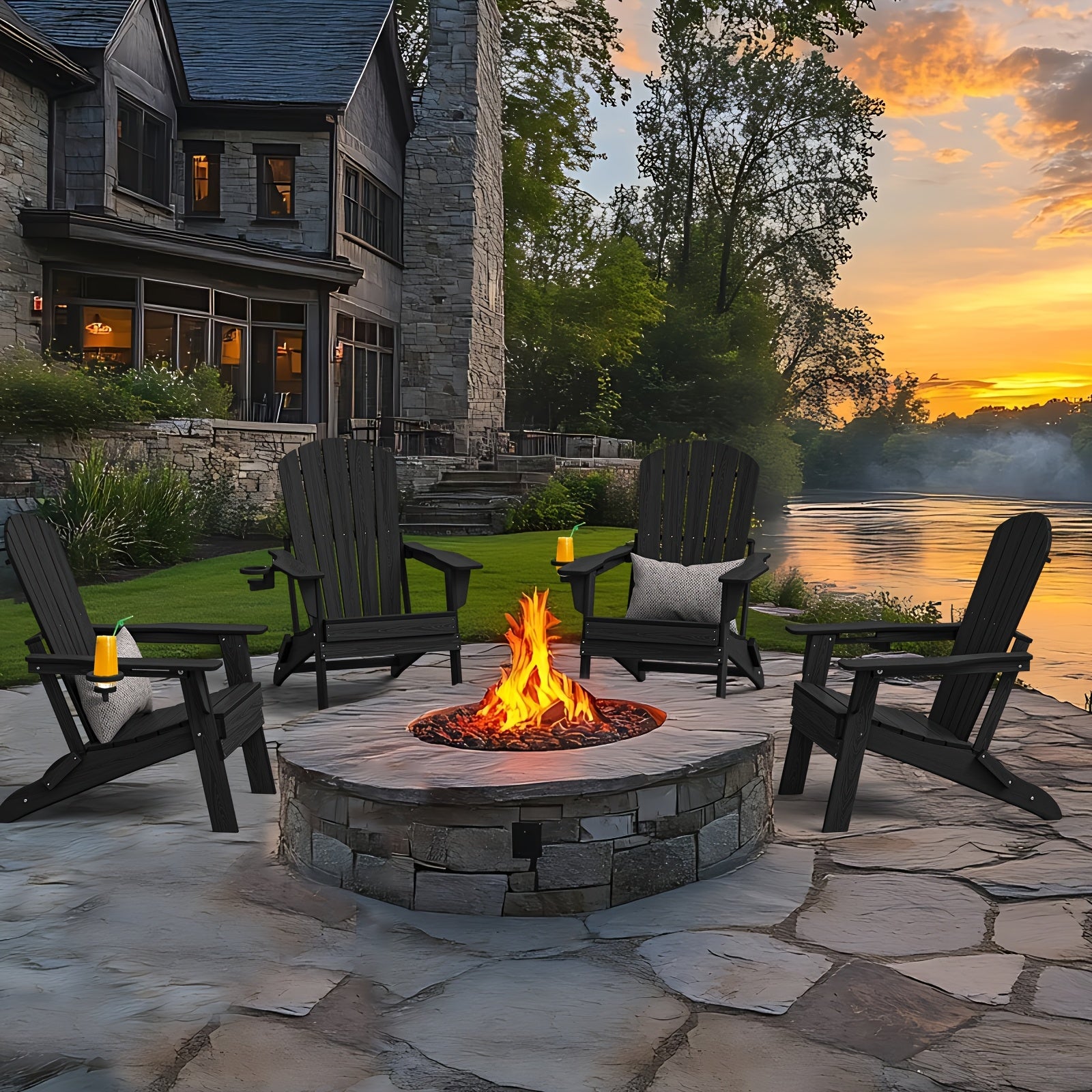 Folding Adirondack Chair 4 Pack, HDPE All-Weather Fire Pit Chairs, Plastic Adirondack Chairs with Cup Holder, Outdoor Lawn Chair for Patio Garden